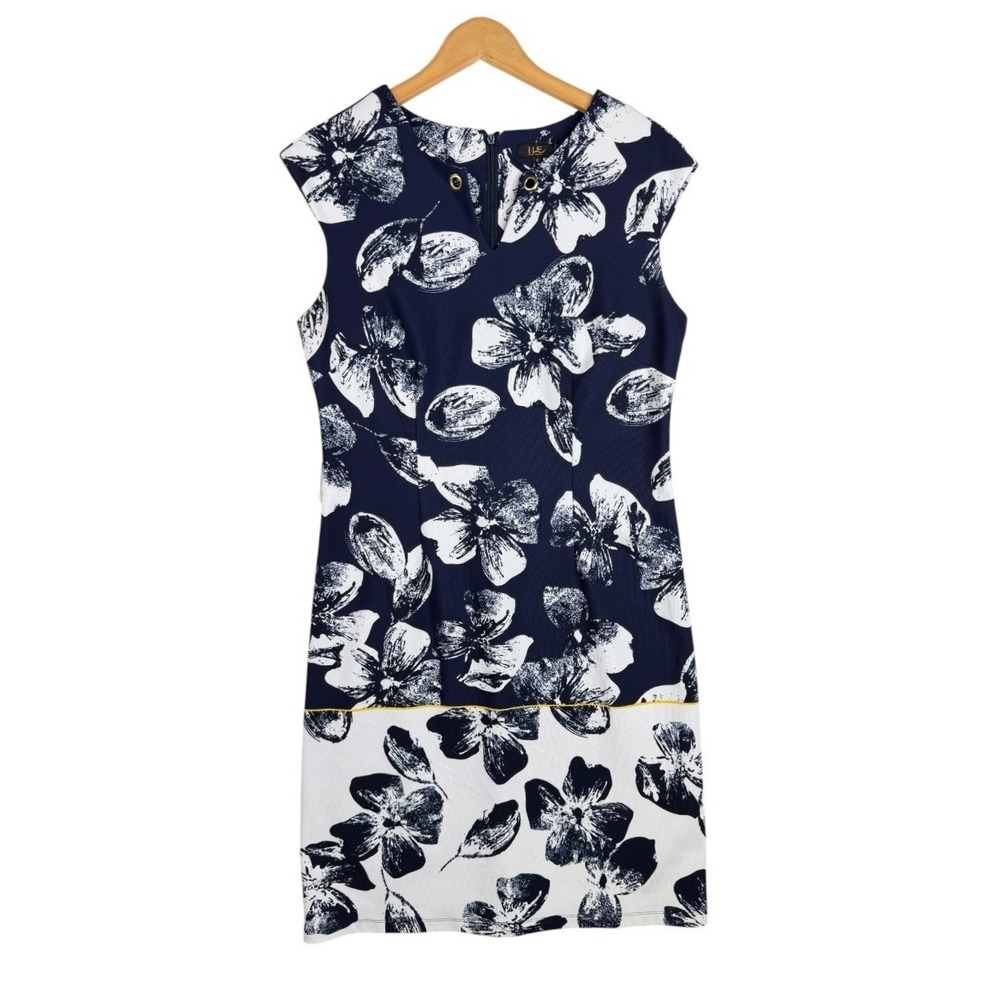 ILE New York Womens Navy Blue White Floral Design Bell Sleeve Dress size 12